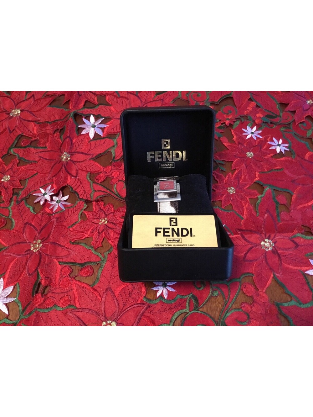 Rare Fendi Red Flip Face Pony Hair Watch with Pillow, Box And Card
